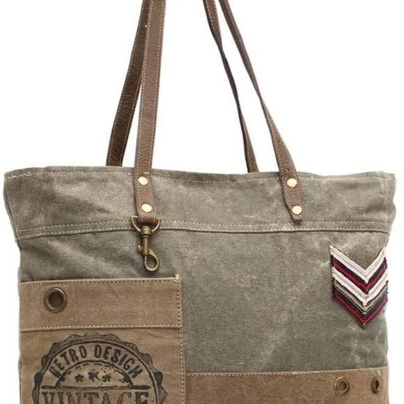 Myra-Military Badge Canvas dark green/tan Vintage stamp/badge design Tote-NWT Totes